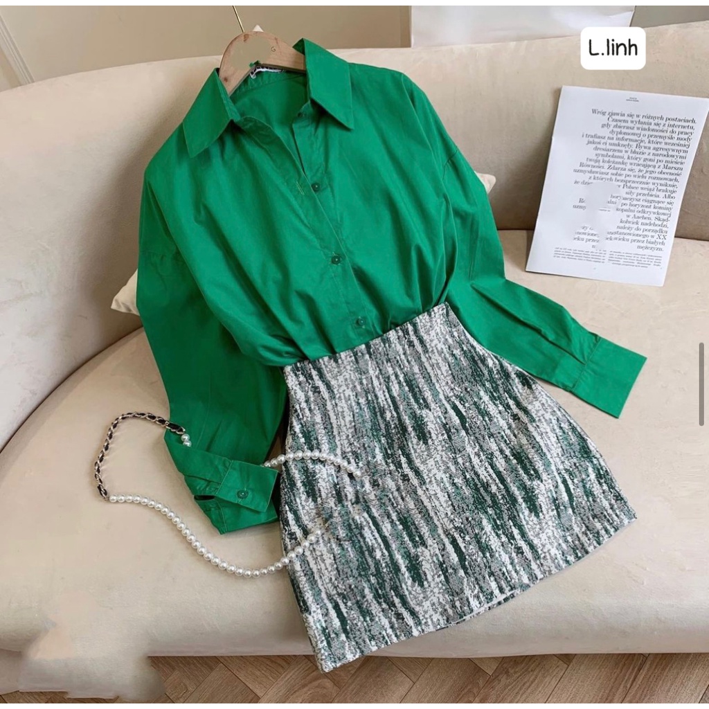 [Mã FAMARAL1 giảm 10K đơn 50K] ÁO SƠ MI ĐŨI XANH LÁ 1 TÚI