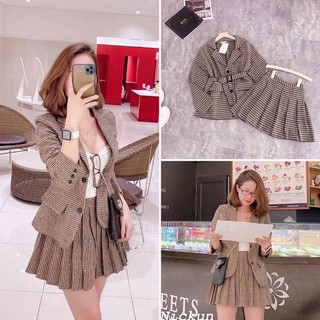 S389 Set Công Sở Phối Áo Vest Dạ Kẻ Phối Túi Trước Kèm Dây Lưng Tôn Dáng Và Chân Váy Xếp Ly Bản To