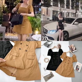 Váy kaki cổ vuông tay bồng vạt chéo tôn dáng xinh lắm cực hot nữ V170
