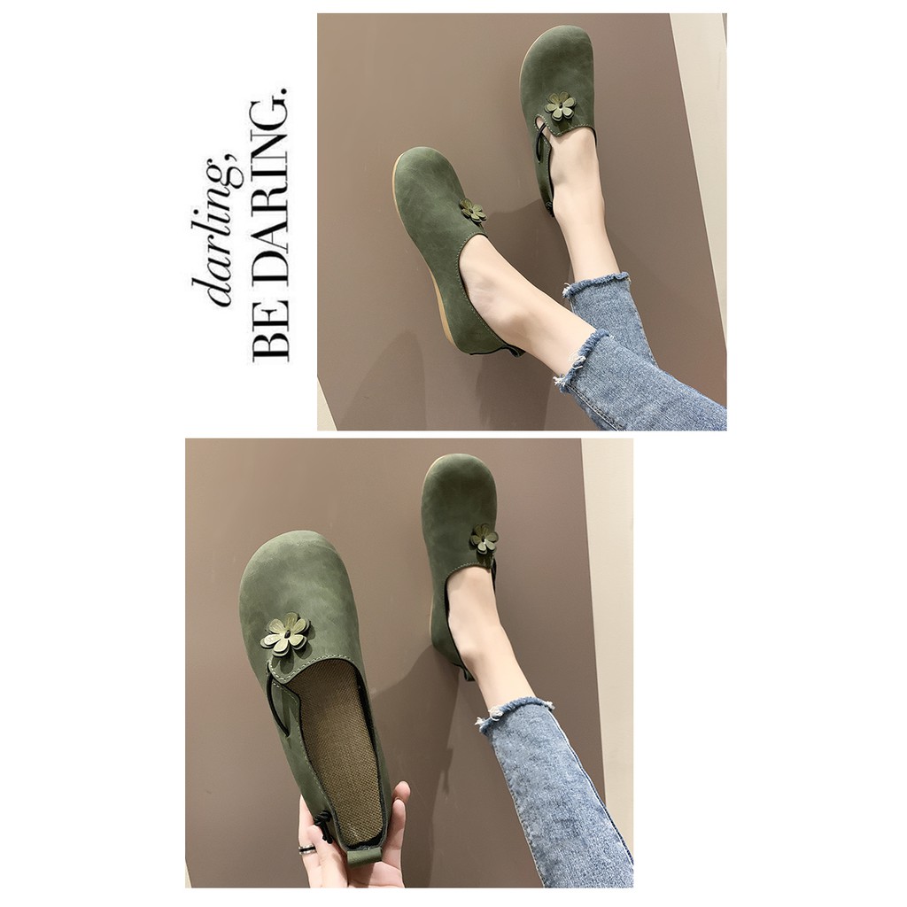 Giày sandal lười bít mũi tròn đính họa tiết hoa đáng yêu vintage cho nữ