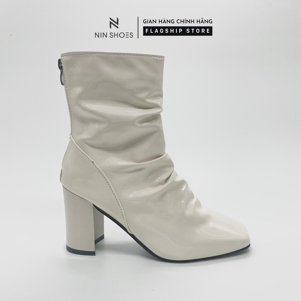 Giày Boot nữ 7p gót vuông chỉ giữa da bóng nhăn kéo khoá sau Ninshoes | BigBuy360 - bigbuy360.vn