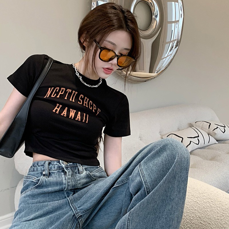 Áo Phông Áo Croptop Áo Thun Tay Ngắn Cổ Tròn In Chữ Thời Trang Dành Cho Nữ