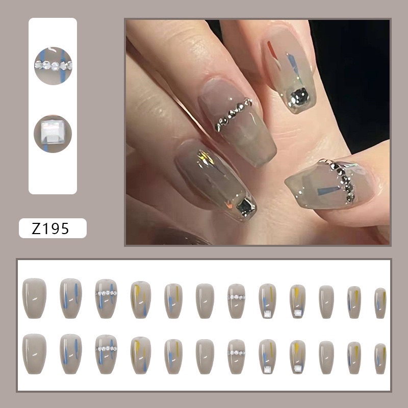 [Hàng mới về]Bộ 24 móng giả form dài đính charm đá