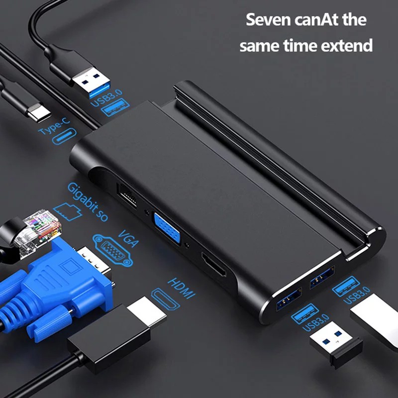 Cáp chuyển USB Type-C ra HDMI, VGA, Ethernet, AUX, USB 3.0 L1037 - có khay giữ điện thoại