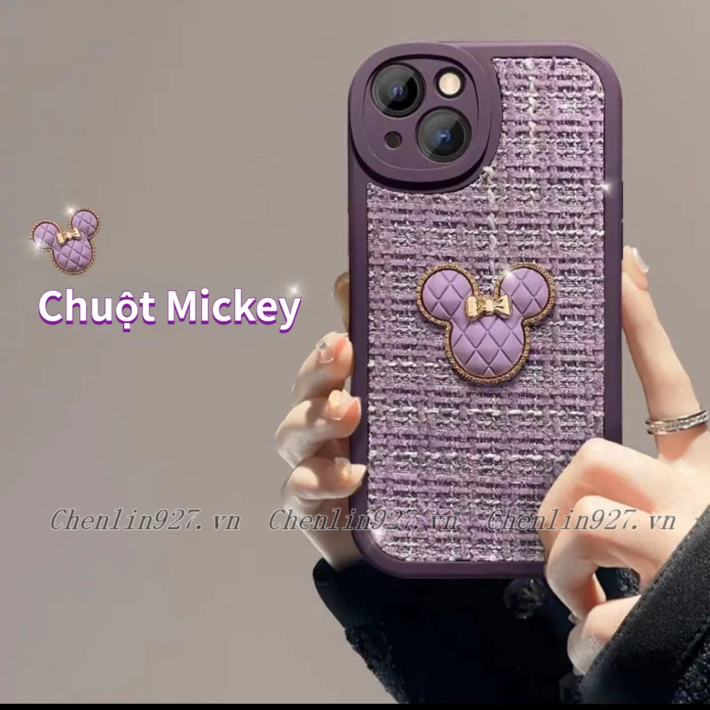 Ốp Điện Thoại Vải Dệt Kim Màu Tím Hình Mickey + Dây Đeo Cho IPhone 6 6S 7 8 Plus X XR XS Max 11 12 13 14 Pro Max Plus SE 2020