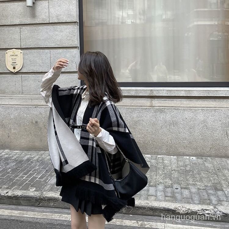 Áo choàng len hai mặt họa tiết kẻ sọc L5Fg cho nữ | BigBuy360 - bigbuy360.vn