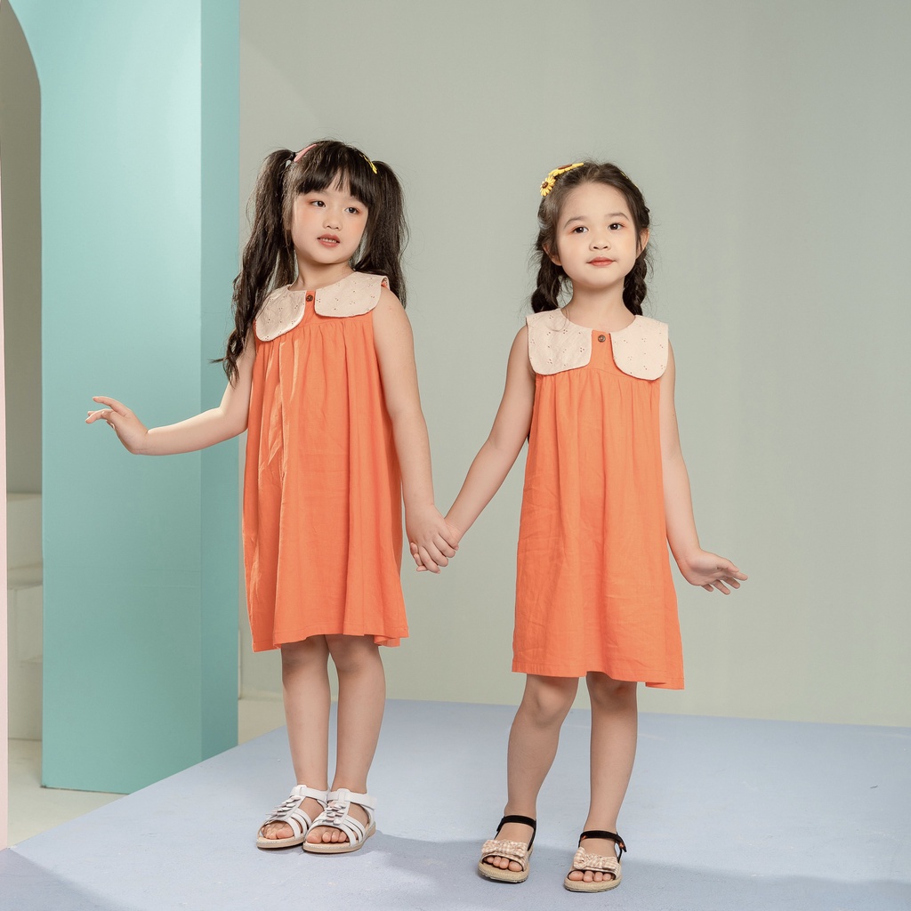 [LITTLE PINK] JULEEN DRESS - Váy Linen cam cổ be