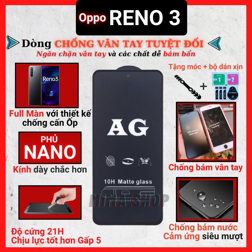 Kính cường lực Chống vân tay Oppo Reno 3 Full màn hình - Chống bám vân tay và mồ hôi hiệu quả-Cảm ứng mượt mà [MIMA]