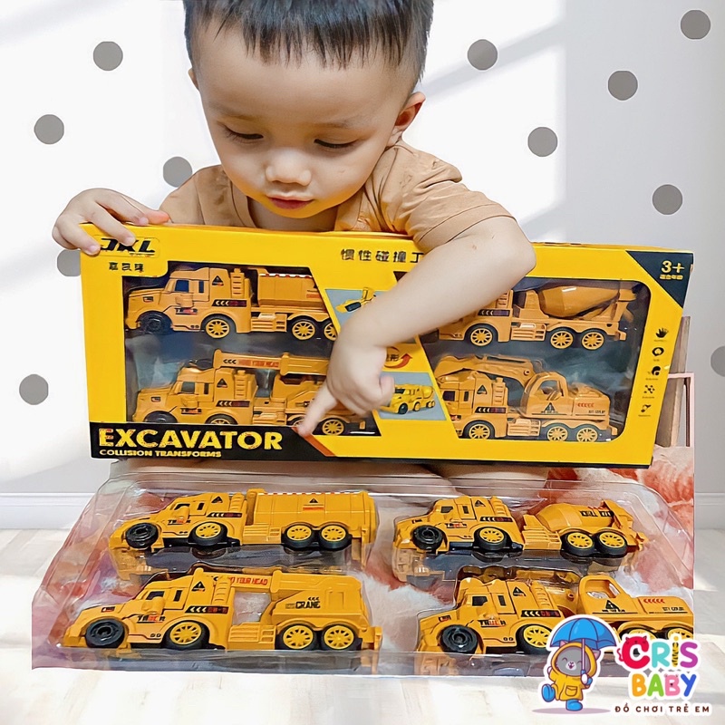 BỘ 4 XE OTO CÔNG TRÌNH BIẾN HÌNH ROBOT, XE TẢI, XE TRỘN BÊ TÔNG, XE CẨU, MÁY XÚC CHO BÉ SÁNG TẠO
