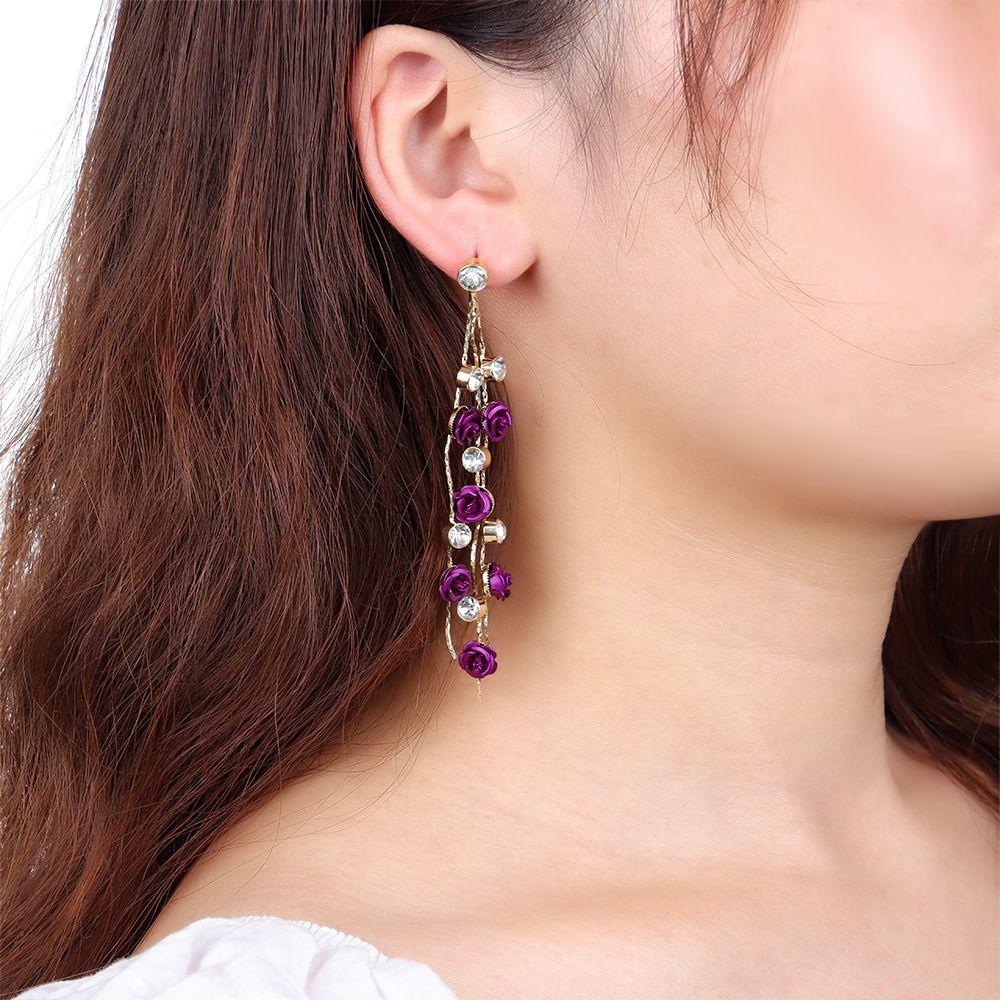 Bông Tai Dáng Dài Đính Hoa Hồng Tím Lấp Lánh Thời Trang Dự Tiệc Cưới