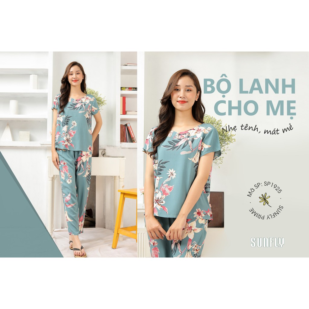 Đồ bộ mặc nhà nữ Sunfly chất lanh cổ tròn quần dài áo tay cộc SP1925