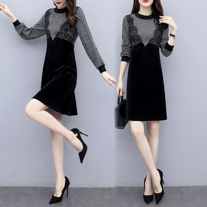 Plus Size 5XL Autumn New Women Korean Fashion Lace Patchwork Velvet Dress Casual Loose Long Sleeve Party Midi Dresses