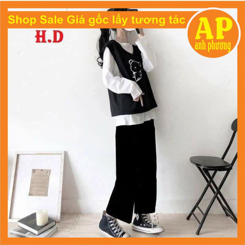 Bộ nữ áo sweater thun dài tay + quần ống rộng + gile giá rẻ