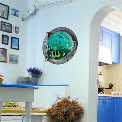 Decan dán tường, decan 3D hình cửa sổ tàu ngầm trang trí nhà Z-2-002