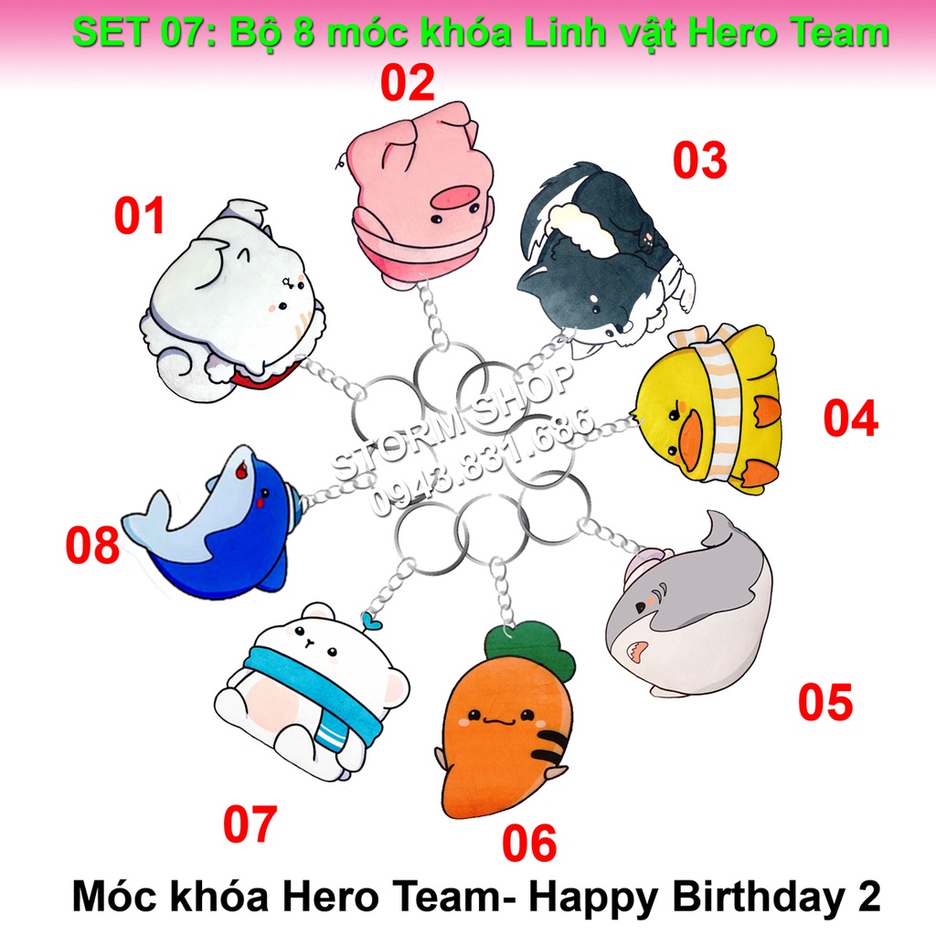 Móc khóa linh vật HERO TEAM Simmy Phong cận Siro Mr Vịt Sammy Đào Timmy Kairon Timy Kamui (set 8 cái)