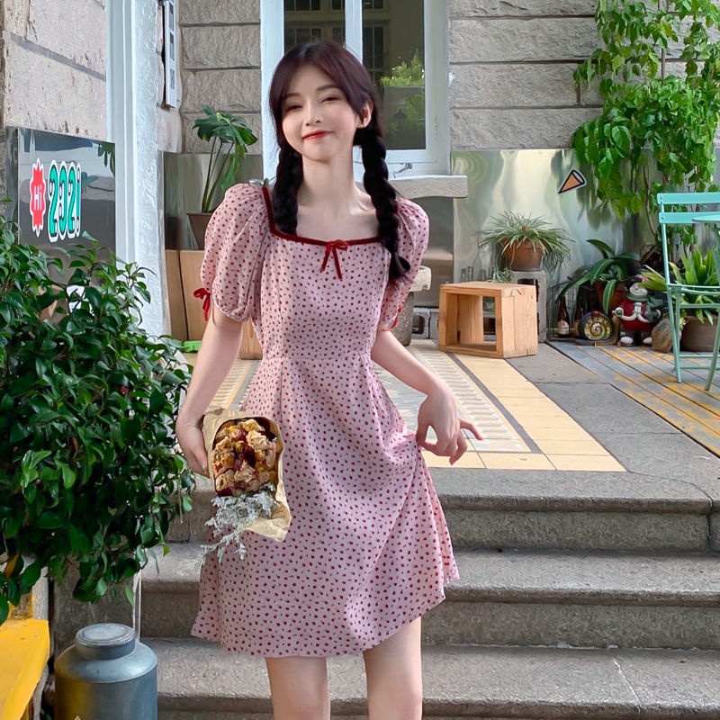 Đầm Hoa Cổ Vuông Thắt Nơ Phong Cách Nhật Bản Mới Dành Cho Nữ