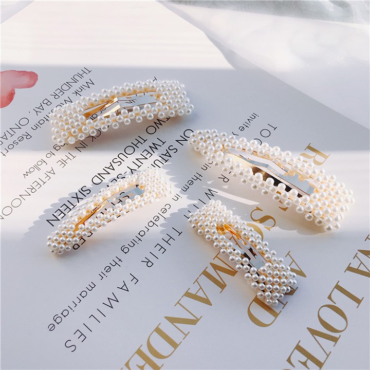 Set 4 Kẹp tóc đính đá ngọc trai nhân tạo cỡ lớn màu trắng Cặp bấm cài tóc sang trọng