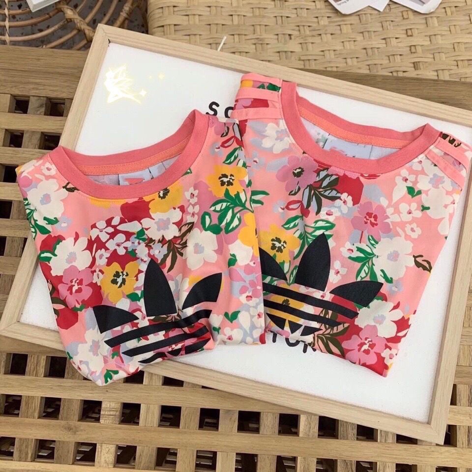 ADIDAS Set Áo Thun Ngắn Tay Và Quần Dài In Hoa Thời Trang Cho Bé Gái