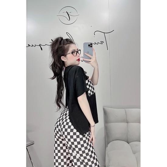 Set bộ thun nữ quần thun gân ống suông đứng phối áo thun trơn xẻ tà phía sau phối