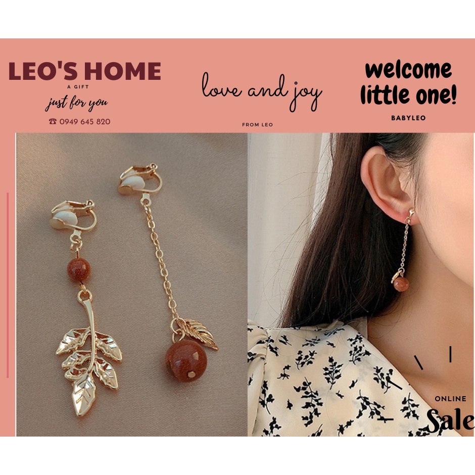 Hoa tai kẹp không cần xỏ khuyên, hoa tai hình chiếc lá không đối xứng LEO'S HOME