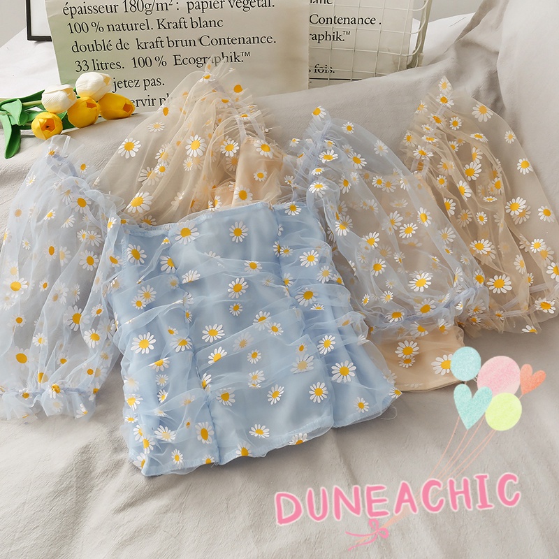 DUNEA Áo Croptop Tay Lưới In Họa Tiết Hoa Cúc Xinh Xắn Cho Bé Gái