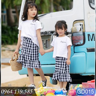 Bộ đồ đôi trẻ em trang nhã, chất đẹp, chân váy cho bé gái, quần sooc bé trai, áo cotton tự nhiên dày dặn | GD015