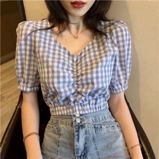 Áo croptop sọc caro 5 màu nhún eo
