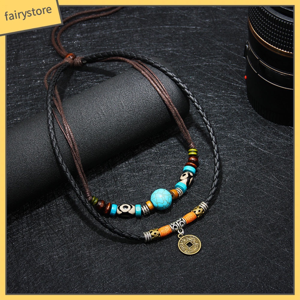 Dây chuyền hợp kim nhiều lớp đính ngọc lam giả &amp; đồng xu kiểu cách cổ điển