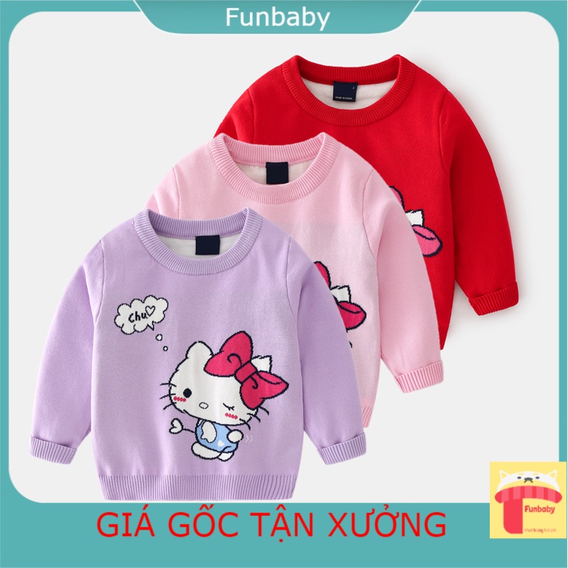 Áo len bé gái xuất Hàn 3-9 tuổi 2 lớp hình kitty nhiều màu, Áo len cho bé đanh sợi không bai xù