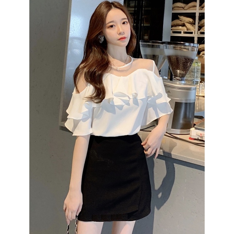 Áo sơ mi nữ pha ren bèo tầng trắng dễ thương