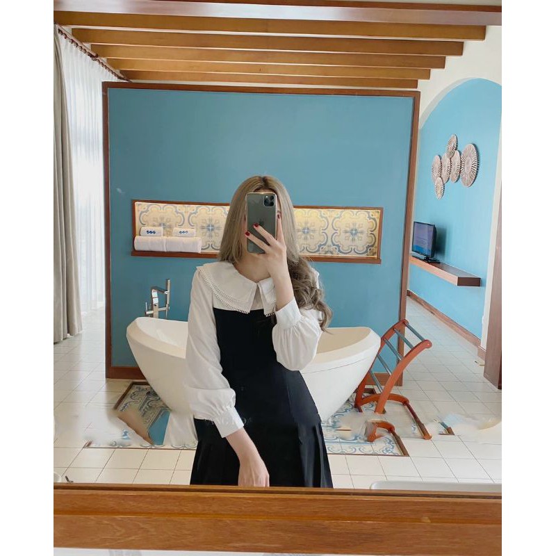 ĐẦM ĐEN PHỐI TAY CỔ PETER TẦNG TRẮNG