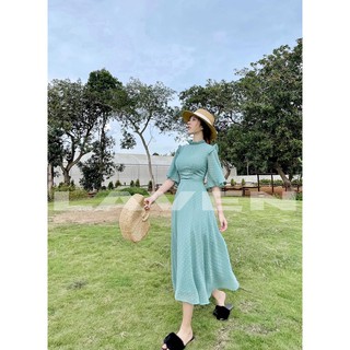 váy maxi hở lưng-váy maxi voan hạt hở lưng dáng xòe tay cánh tiên