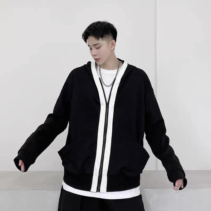 Áo hoodie zip nam ESSENTIALS màu đen viền trắng, form rộng chất nỉ bông dày dặn
