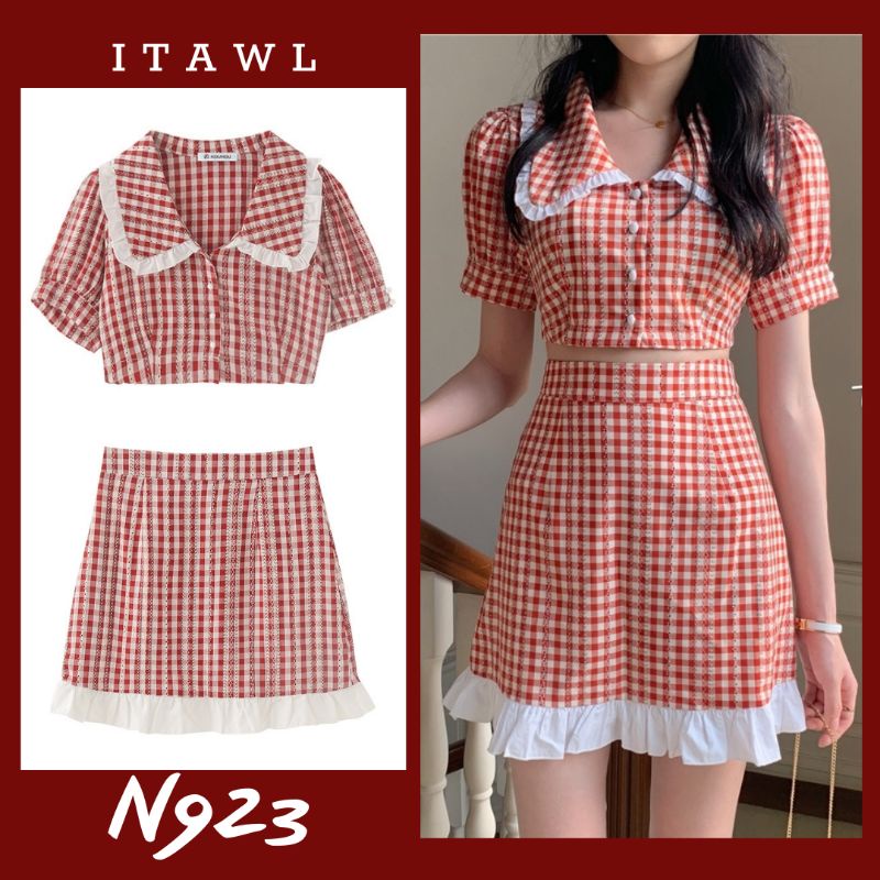 Set áo sơ mi croptop kèm chân váy chữ A caro đỏ oder taobao