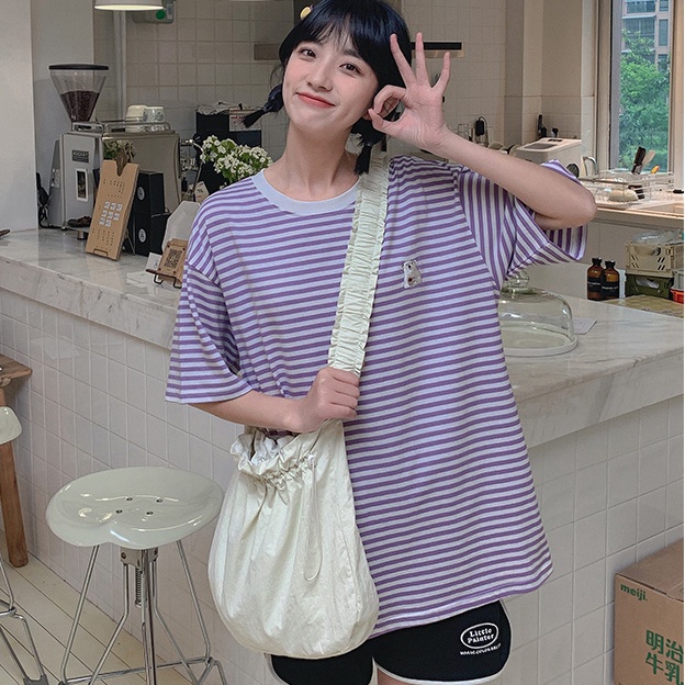 SUXI Áo Thun Tay Ngắn Cổ Tròn Dáng Rộng Họa Tiết Kẻ Sọc Màu Sắc Thời Trang Mùa Hè Xinh Xắn