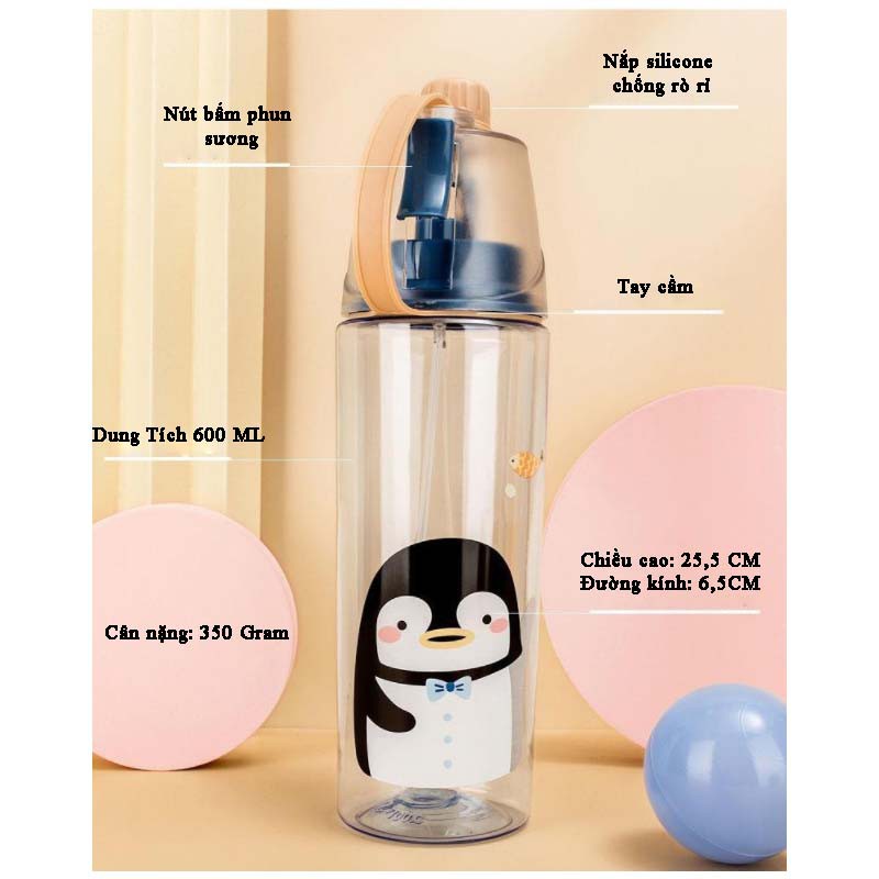 Bình Đựng Nước Phun Sương 600ml Có Tay Cầm Bằng Nhựa PP An Toàn Không Độc Hại, Mẫu Cute Đáng Yêu Tiện Lợi Mang Theo