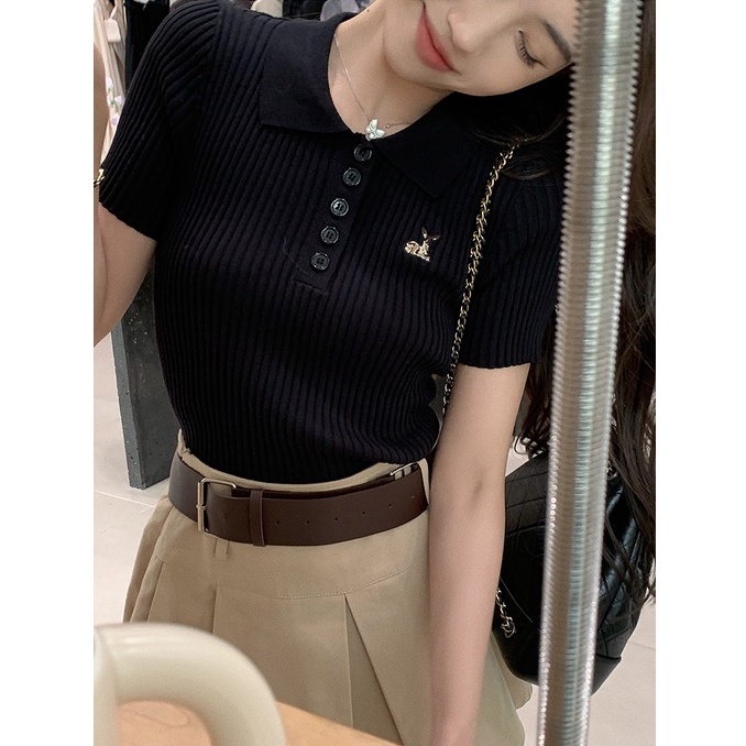 Áo thun XIAOZHAINV dệt kim tay ngắn dáng ôm phong cách Hàn Quốc thời trang cho nữ