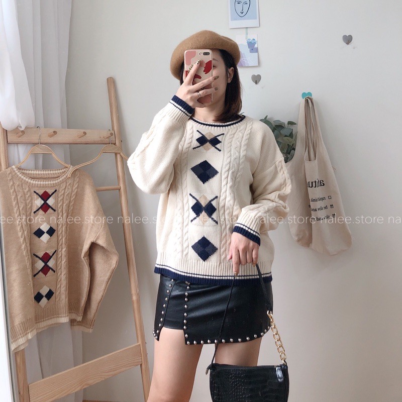 Áo len thừng hoạ tiết ô trám