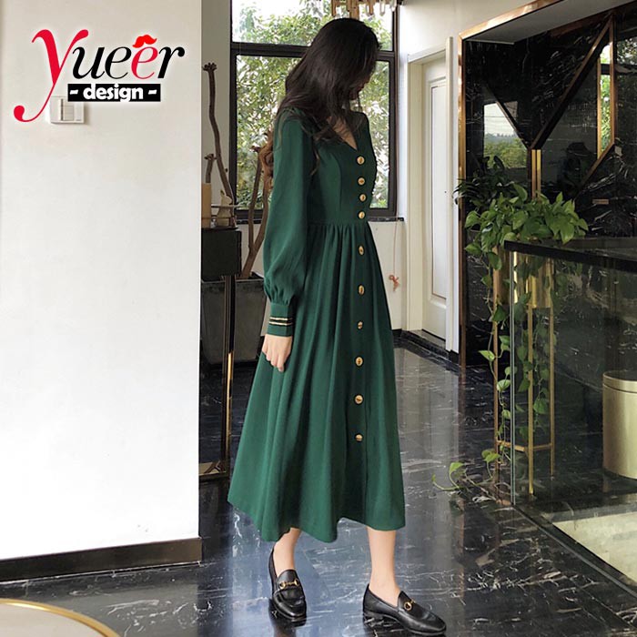 Đầm tay dài cổ chữ v phối cúc nổi bật duyên dáng dễ thương cho nữ | BigBuy360 - bigbuy360.vn