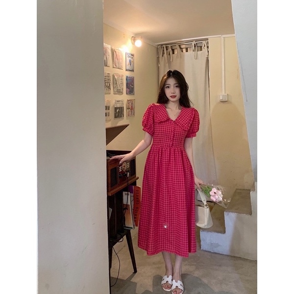 Váy Babydoll Kẻ Hồng Dáng Dài Siêu Xinh