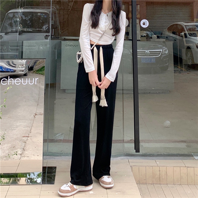 Quần Thể Thao Màu Đen Ống Rộng Phối Dây Rút Phong Cách Hàn Quốc Cho Nữ Đủ Size Phong Cách Ulzzang