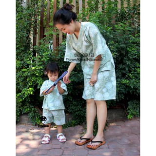 Jinbei nữ, màu xanh rêu, họa tiết hoa tuyết