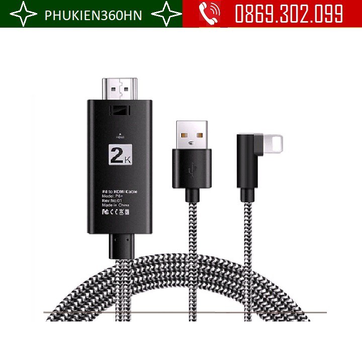 Cáp Chuyển Đổi Từ Iphone Sang  HDMI Tivi -  Lightning to HDMI 2K Dây Dù Bẻ Góc 90 Độ Dài 2m