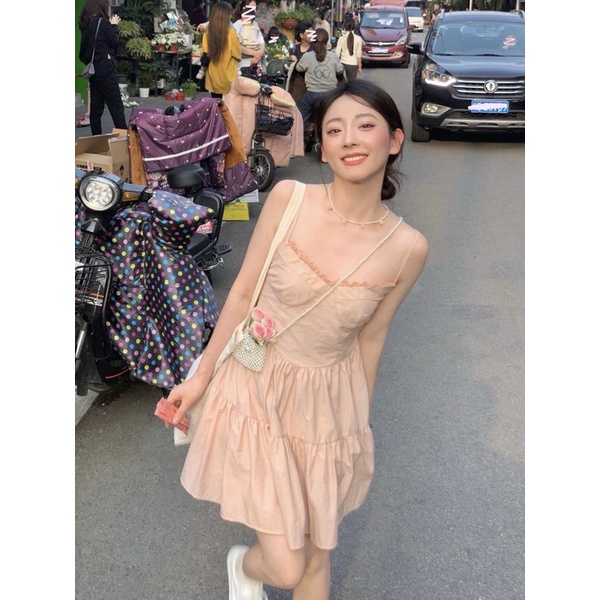 Váy 2 dây dành cho nữ điệu đà.Đầm 2 dây dáng xoè siêu xinh màu hồng nhẹ nhàng dịu dàng cho nữ 2022