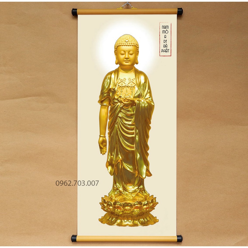 Tranh Phật A Di Đà bằng vải phủ bóng cao cấp dày dặn, khổ lớn 40x90cm