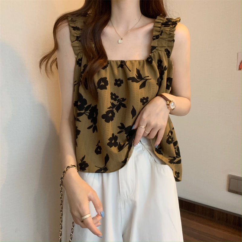 Áo không tay IELGY dáng rộng in hoa kiểu Pháp xinh xắn cho nữ