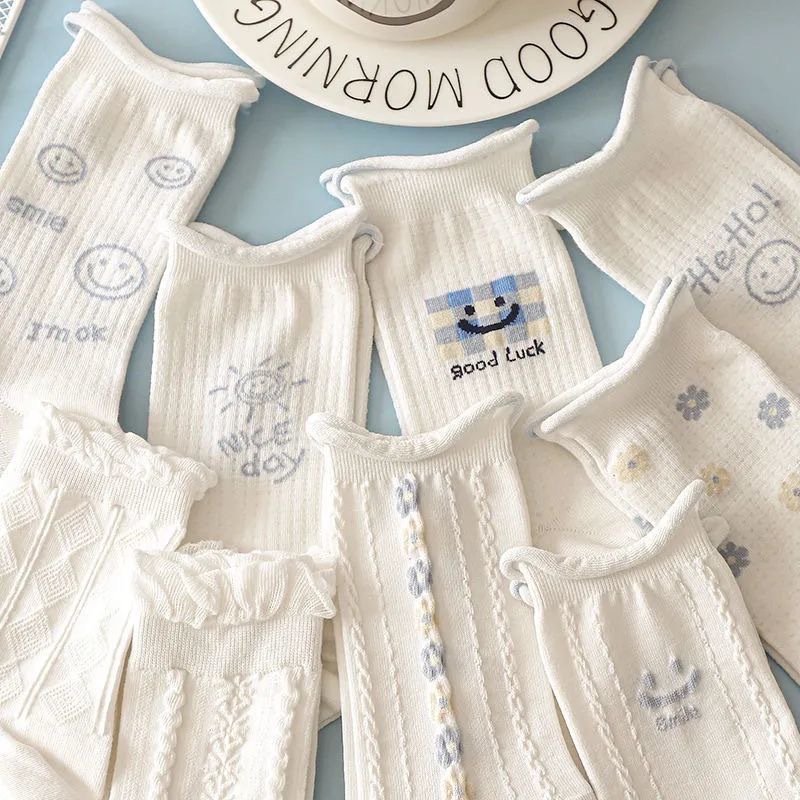 Set 5 Tất nữ cổ cao vải cotton thêu hình họa tiết phong cách Hàn Quốc