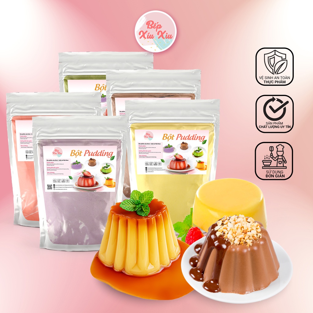 Pudding Bếp xíu xiu, Set nguyên liệu bột pudding Trứng, Socola, Matcha, Khoai môn, Dâu Mole Đài Loan