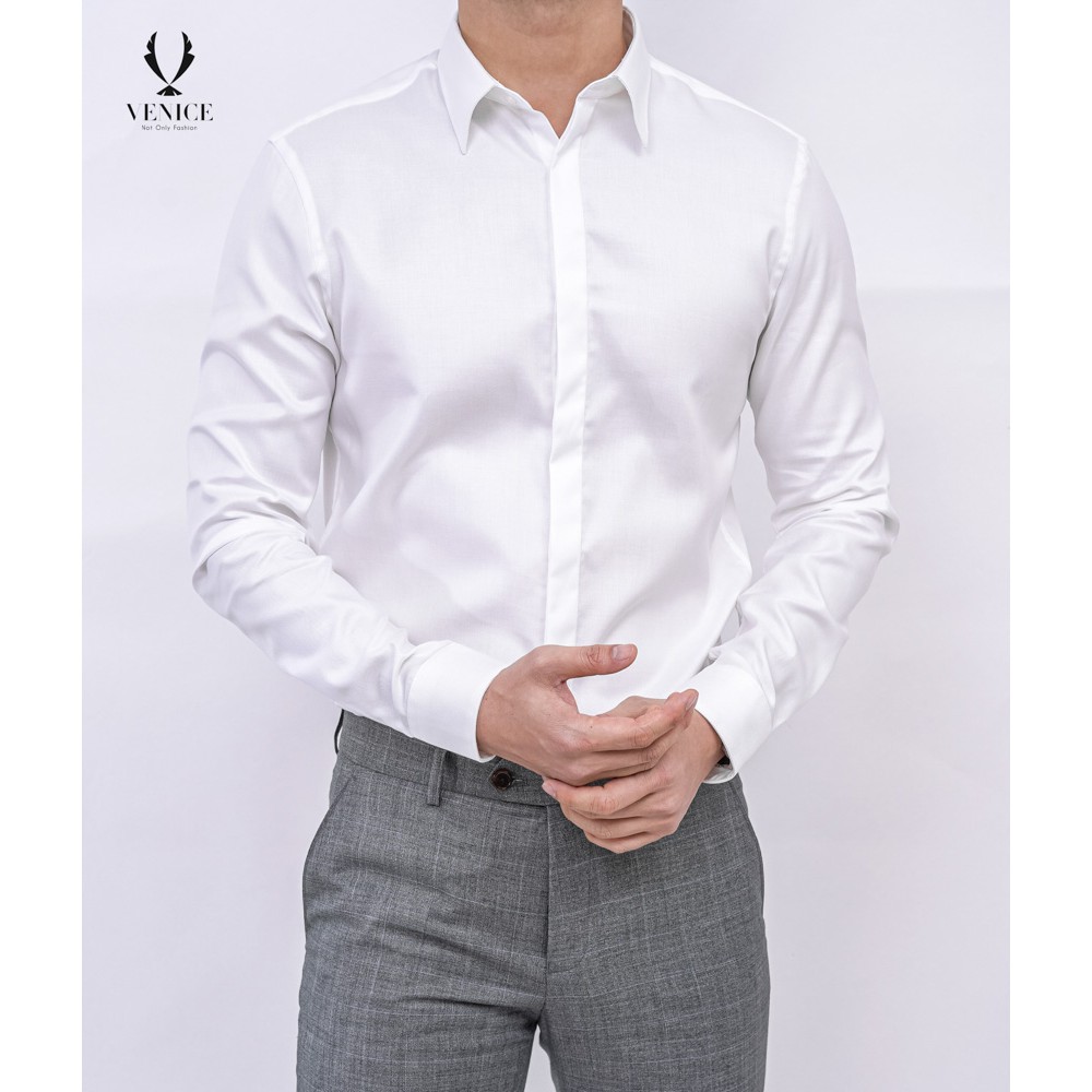 Sơ Mi Nam Dài Tay Công Sở VENICE - Màu Trắng Chéo To, Cổ Thg, Giấu Khuy (cúc trắng), Form Slim Fit, Vải Cotton Pha Sợi