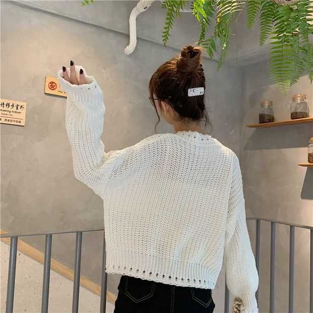 Áo Khoác Sweater Ngắn Dáng Rộng Cổ V Tay Dài Kiểu Hàn Quốc Thời Trang 2022 Cho Bạn Gái